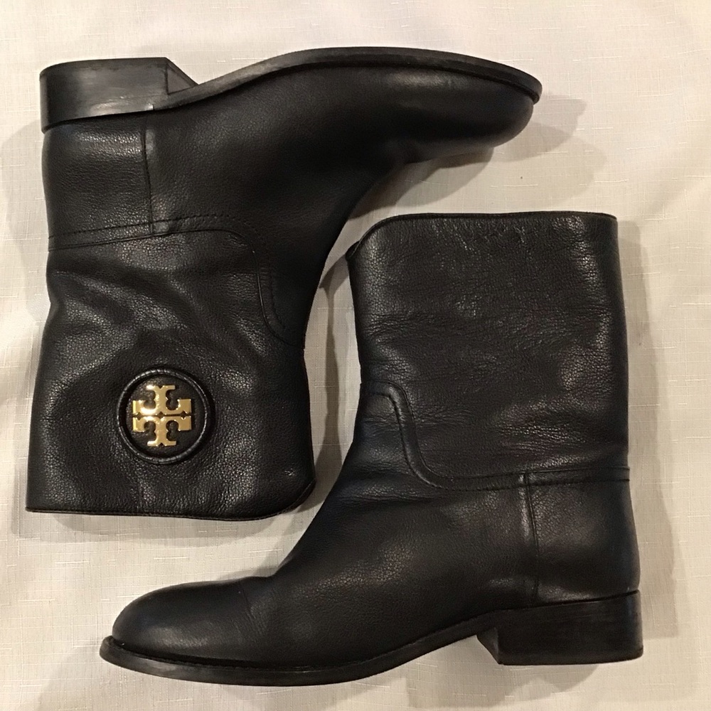 Tory Burch Hallie Mid Shaft Logo Black Leather Boots Size 8